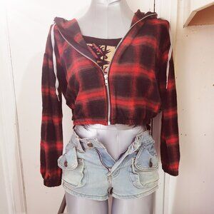 Plaid black red jacket with grey hoodie